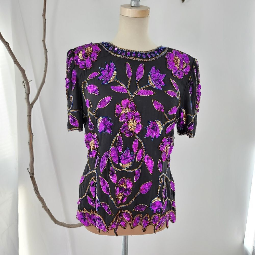 Vintage stenay sequined 100% silk blouse black with purple sequins